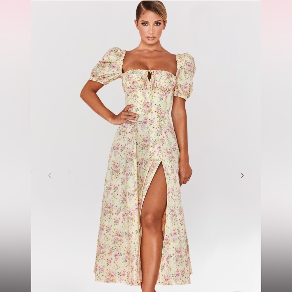 House of cb tallulah lemon floral puff sleeve midi sundress